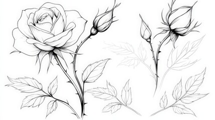 Fototapeta premium Hand-Drawn Black and White Rose Illustrations for Artistic and Creative Projects