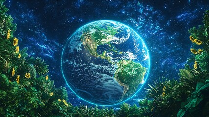 Earth, sunflowers, night sky, environmental protection