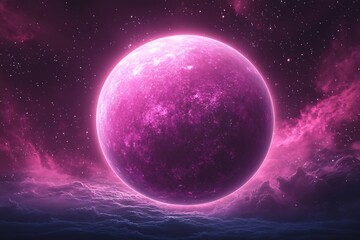 Obraz premium A pink planet glows in a dark cosmic sky with nebulas and stars in a space landscape