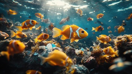 Underwater scene featuring a mix of plastic waste,