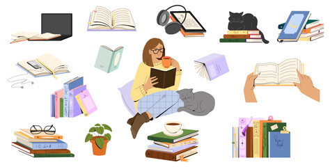 Stacks of books for reading, pile of textbooks for education. Set of literature, dictionaries, encyclopedias, planners with bookmarks. 