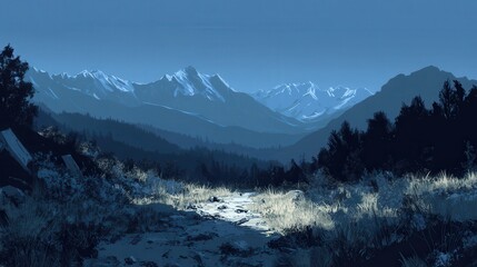 Obraz premium Serene Mountain Valley Path Underneath a Blue Sky