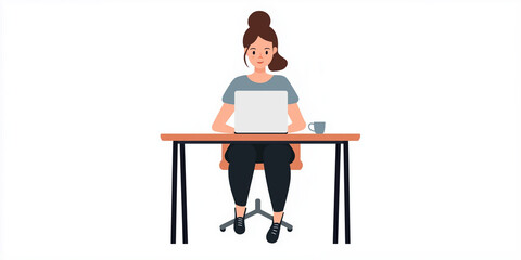 Fototapeta premium Young caucasian female working at desk with laptop and coffee mug illustration
