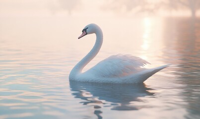 Fototapeta premium A beautiful white swan is gracefully swimming in the water during sunset