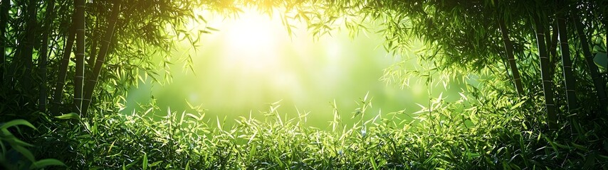 Obraz premium A tranquil bamboo grove bathed in soft, golden sunlight, creating a serene atmosphere filled with vibrant greens and warm hues, perfect for relaxation and nature lovers.