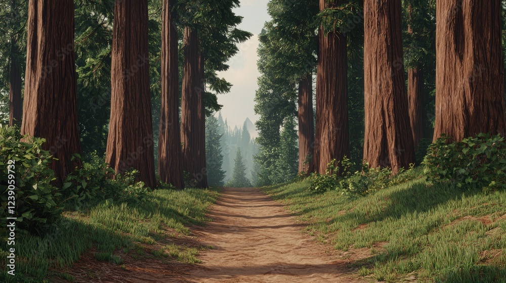 Poster A serene forest path lined by towering trees, bathed in soft light, inviting exploration and tranquility.