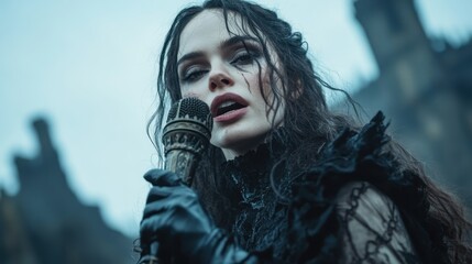 A captivating gothic singer passionately performs with a microphone, embodying raw emotion and artistic expression in a moody, atmospheric setting.