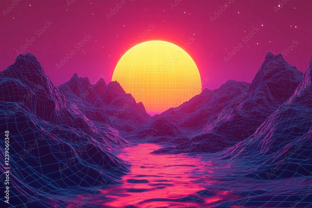 Poster A 3D wireframe terrain with a retro-futuristic synthwave sunset in the background
