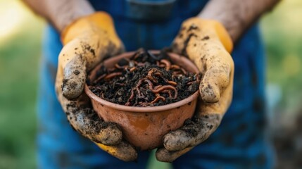 Close-up of hands presenting wooden bowl full of compost worms, essential for soil health and recycling