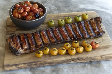 Delicious Grilled BBQ Pork Ribs with Roasted Cherry and Yellow Tomatoes on Wooden Board