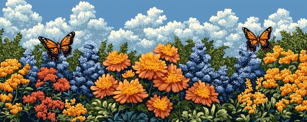 A vibrant garden scene featuring colorful flowers and butterflies under a blue sky with fluffy clouds.