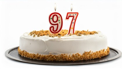 Decorated white cake for birthday or anniversary party, candle number 97, white background