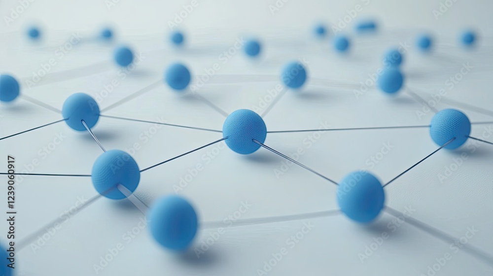 Poster cloud computing concept with interconnected blue nodes and wireframes on a minimalist white backgrou