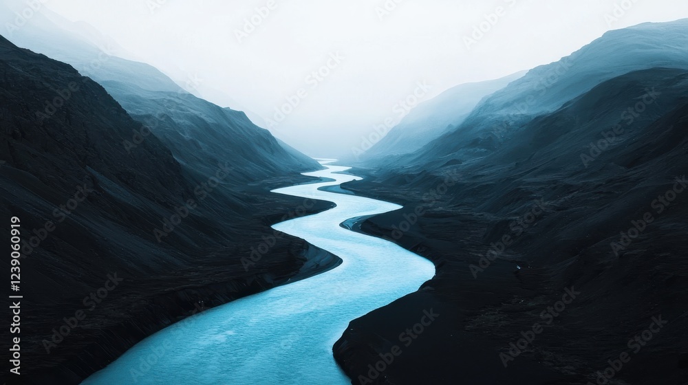 Poster a serene landscape featuring a winding river set against misty mountains, creating a tranquil and at