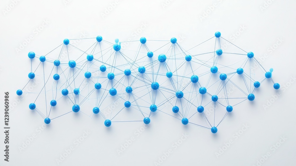 Poster cloud computing concept with interconnected blue nodes and wireframes on a minimalist white backgrou