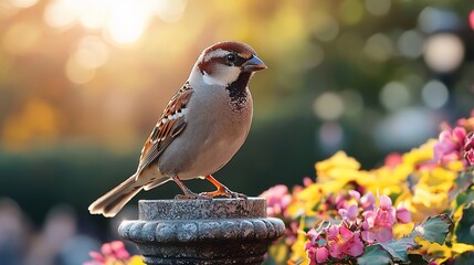 Sparrow perched on a park post at sunset, flowers in the background; nature photography