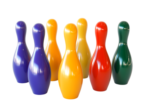 Colorful bowling pins in a vibrant arrangement isolated on transparent background, PNG, cut out