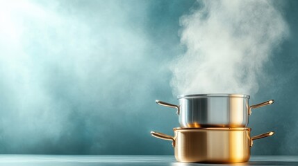 Two elegant cooking pots, one gold and one silver, create beautiful vapor against a softly lit background, highlighting the joy and artistry of cooking at home.
