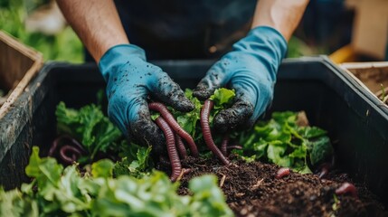 Naklejka premium Farmer placing red worms into composting bin to improve soil health and organic waste decomposition