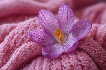 Vibrant purple crocus bloom resting on soft pink knitted fabric
