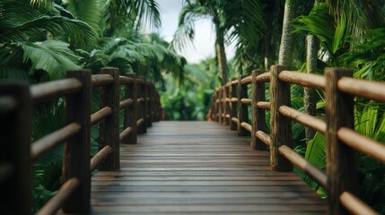 A serene wooden walkway surrounded by lush greenery, leading through a tropical landscape, ideal for nature walks and relaxation.