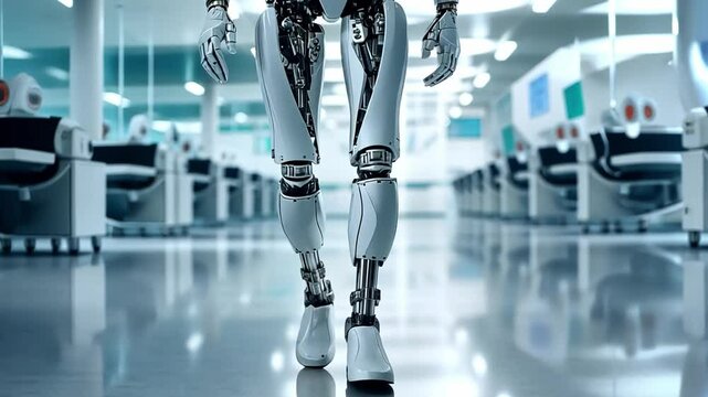 Advanced humanoid robot walking through a modern facility in high-resolution settings