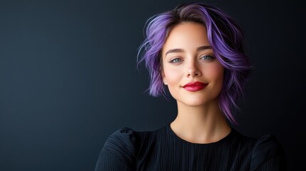Fototapeta premium A stunning portrait of a woman with vibrant purple hair and striking red lips, radiating confidence against a dark backdrop, showcasing her unique style and beauty.