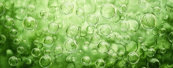 A vibrant green background filled with bubbles, creating a refreshing and lively atmosphere, reminiscent of nature and hydration.