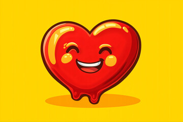 red, melting, smiling heart emoji, on yellow background, two-dimensional, flat