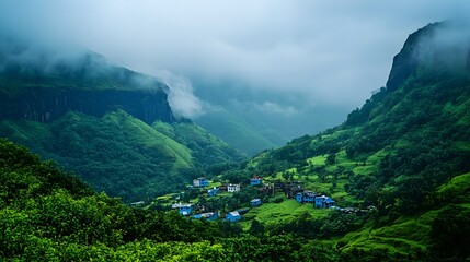Fototapeta premium Lush green valley under a moody sky, mist enveloping hills, serene landscape perfect for nature themes or travel inspiration.