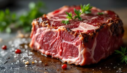 Fototapeta premium Juicy Grilled Steak Closeup Shot with Herbs