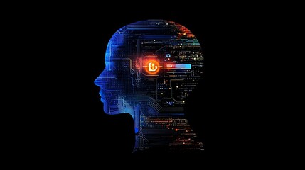 Creative human head silhouette with AI text and icons embedded in circuits, symbolizing technology-driven intelligence.