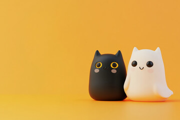 Cute black cat and white ghost figures standing together against a bright orange background, creating a playful atmosphere filled with charm