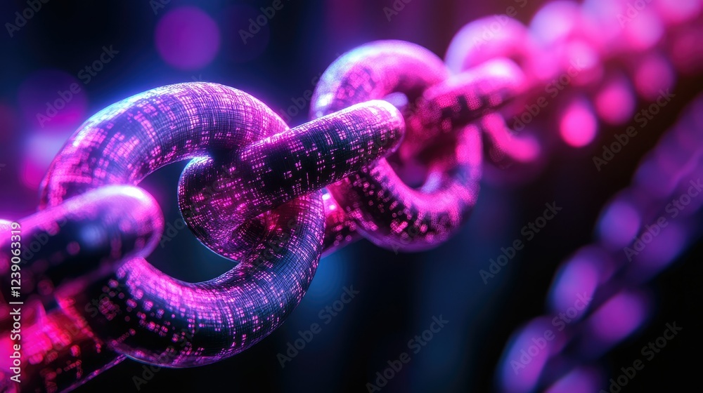 Poster cryptocurrency visualization with blockchain links and neon data grids, symbolizing secure digital t
