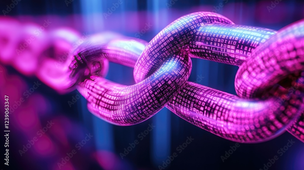 Poster cryptocurrency visualization with blockchain links and neon data grids, symbolizing secure digital t