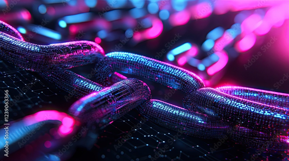 Poster cryptocurrency visualization with blockchain links and neon data grids, symbolizing secure digital t
