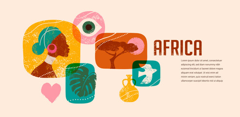 Africa Day concept design. Africa month banner, poster with tribal patterns. Hand drawn illustration
