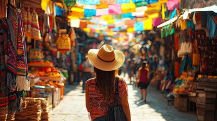 Obraz premium Curious traveler strolling through a bustling market street in Mexico, admiring the cultural vibrancy.