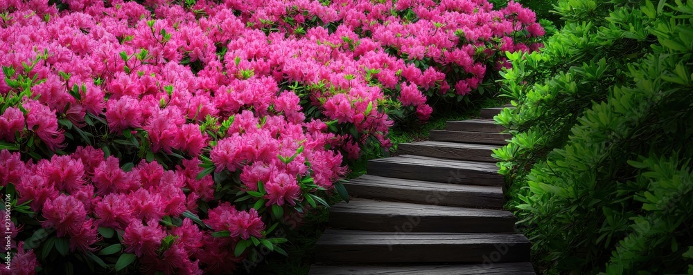 Poster a beautiful pathway surrounded by vibrant pink flowers and lush greenery, creating a serene and invi