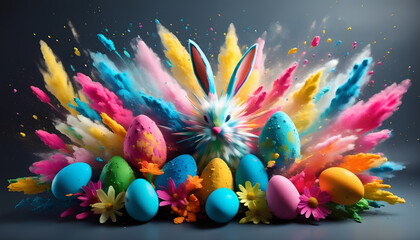 Multicolor powder splatter, Bunnies, eggs, bright flower. Traditional symbol of The Easter. Motion of mix colors paint exploding, shape of rabbit. 3d, art vibrant wallpaper, creative holiday concept