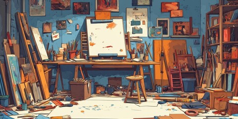 Messy Artists Studio Filled With Supplies And Artwork