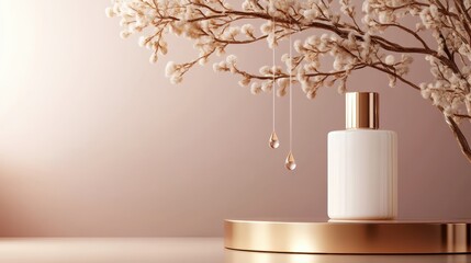 A minimalist perfume bottle is beautifully displayed alongside delicate natural elements, symbolizing elegance and the fusion of nature with luxury.
