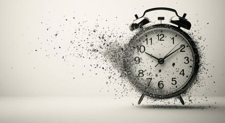 A clock appears to disintegrate into small particles against a plain backdrop, visually illustrating the concept of time breaking down and fading away while evoking a sense of urgency
