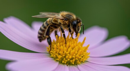 Honeybee on Cosmos: A honeybee meticulously collects pollen from a vibrant purple cosmos flower, its fuzzy body dusted with golden grains.