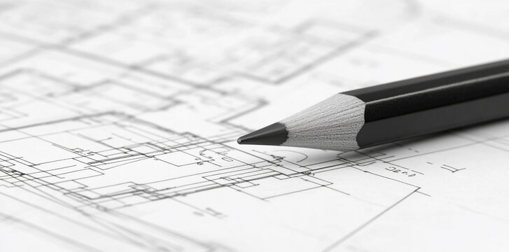 Drafting plans using a pencil on architectural blueprints with detailed lines and measurements in a workspace environment