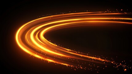 Abstract golden light trails swirl on black background.