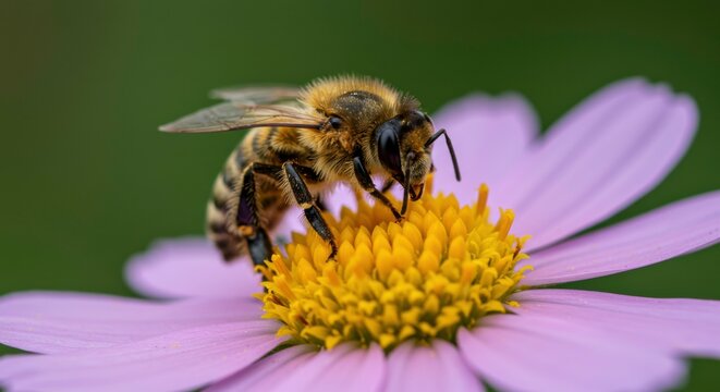 Busy Bee on Cosmos: A honeybee diligently collects nectar from a vibrant purple cosmos flower, its fuzzy body dusted with pollen.  Close-up view showcasing intricate details. - Powered by Adobe