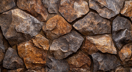 A detailed look at an earthy brown stone wall reveals the unique textures and colors of various stones. The wall illustrates natural rock formations, perfect for nature enthusiasts