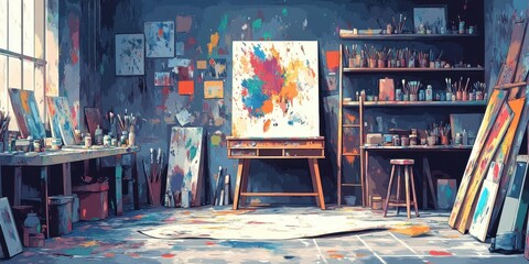 Obraz premium An Artists Messy Colorful Studio Workspace