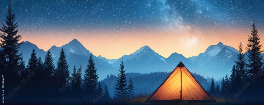 Poster A serene camping scene under a starry sky, featuring a glowing tent surrounded by mountains and trees at dusk.
